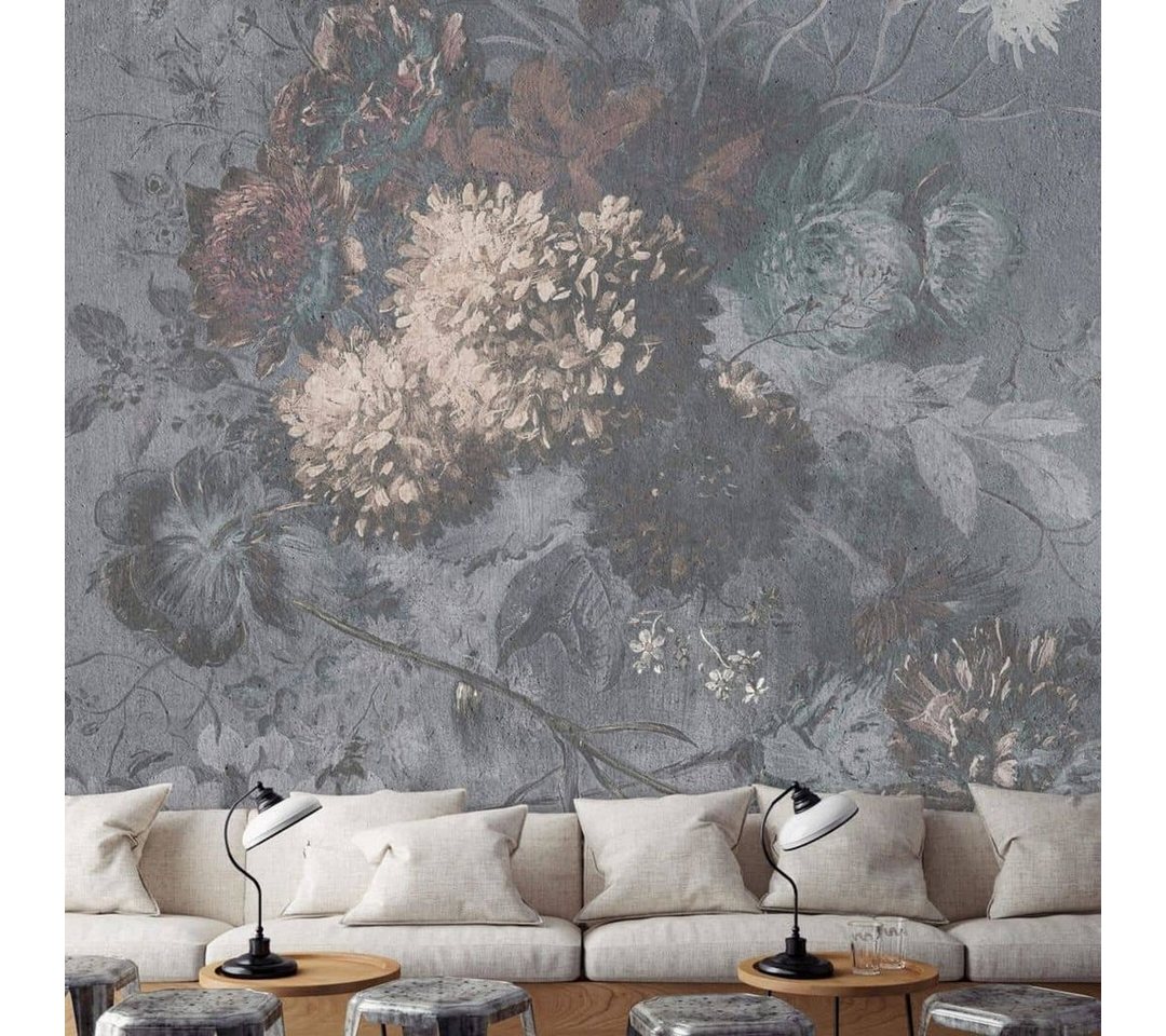 living walls Fototapete Große Vliestapete XXL Fototapete Vintage Blume Shabby Chic Beton 3m x 2.7m by Patel, Tapete bouquet gris von living walls