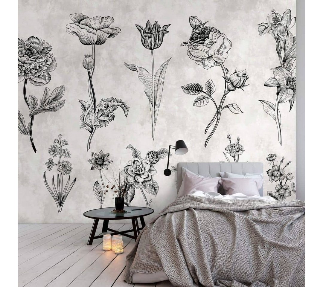 living walls Fototapete Große Vliestapete XXL Wandschutz Zeichnung Floral Blume 5m x 2.7m, Tapete sketchpad von living walls