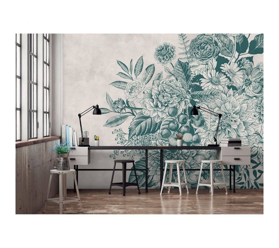 living walls Fototapete Große Vliestapete XXL Wandschutz Blume blau Floral 4m x 2.7m, Tapete greenery von living walls