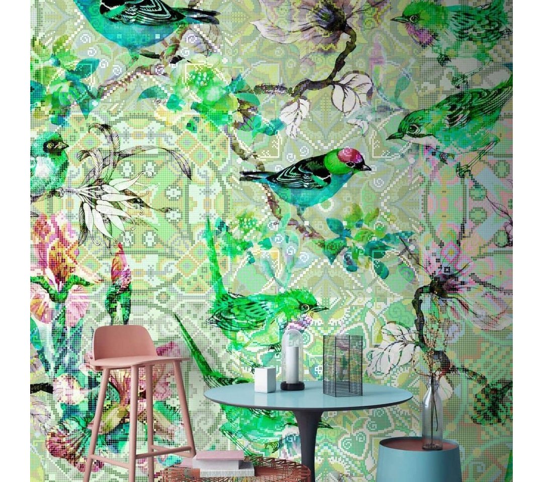 living walls Fototapete Große Vliestapete XXL Wandschutz Mosaik Vögel Chinoiserie 4m x 2.7m, Tapete mosaic birds von living walls