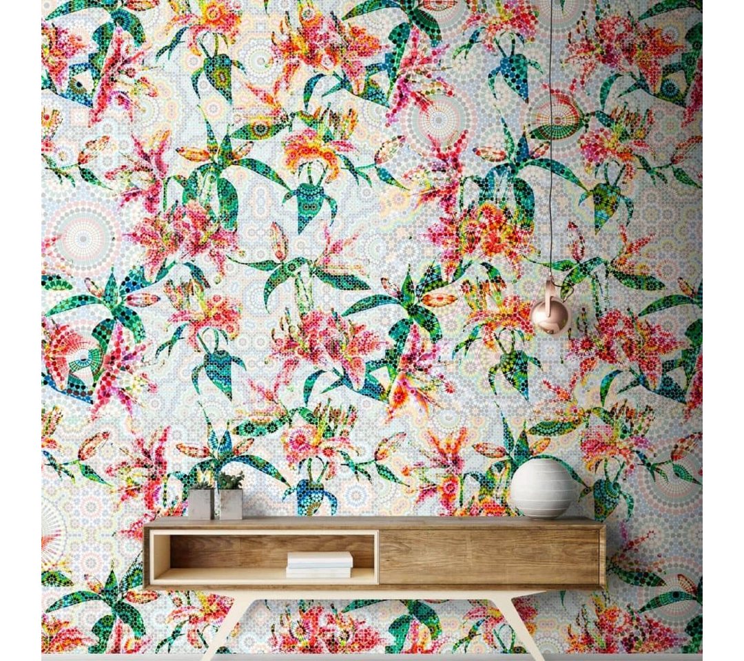 living walls Fototapete Große Vliestapete XXL Wandschutz Mosaik Blume Lilie Mandala 4m x 2.7m, Tapete mosaic lilies von living walls