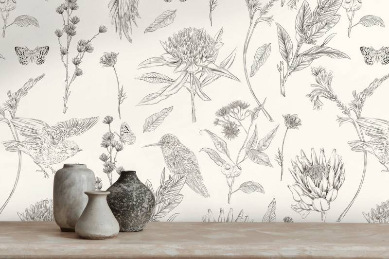 living walls Vliestapete Drawn Into Nature Blumen-Tapete Mustertapete Pflanzen Natur, strukturiert, matt, (1 St), Vliestapete Blümchen für Schlafzimmer Küche Wohnzimmer Blumen Design von living walls