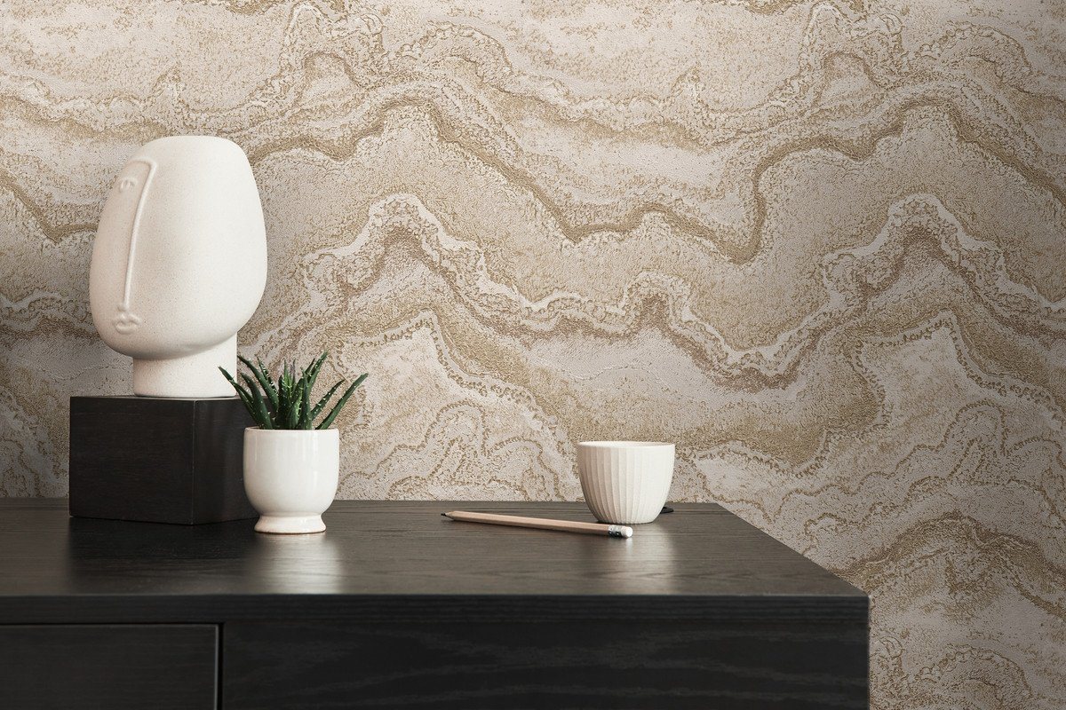 living walls Vliestapete Stories of Life Malachit Marmoroptik Vliestapete Beige Gold, geprägt, glänzend, (1 St), Metallic Tapete Steinoptik für Küchen von living walls