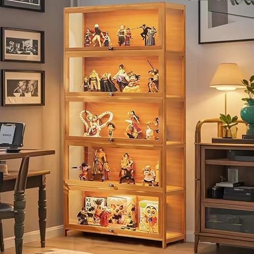 llekondkf Display Cabinet, Transparente Bambus Vitrine für Bücher, Glas Vitrinenschrank für Bücherregal Vitrine & Bücherregal für Zuhause, Büro, Spielzimmer, Wohnzimmer (Braune Klappversion) von llekondkf