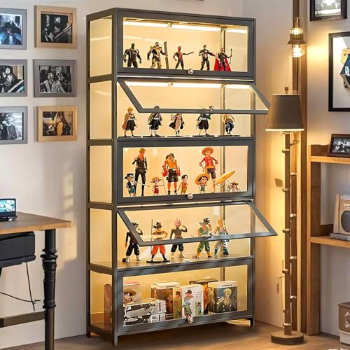 llekondkf Display Cabinet, Transparente Bambus Vitrine für Bücher, Glas Vitrinenschrank für Bücherregal Vitrine & Bücherregal für Zuhause, Büro, Spielzimmer, Wohnzimmer (Graue Klappversion) von llekondkf
