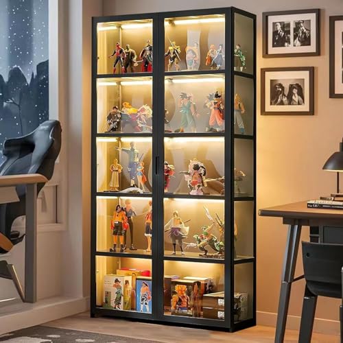 llekondkf Display Cabinet, Transparente Bambus Vitrine für Bücher, Glas Vitrinenschrank für Bücherregal Vitrine & Bücherregal für Zuhause, Büro, Spielzimmer, Wohnzimmer (Schwarze Doppeltürversion) von llekondkf