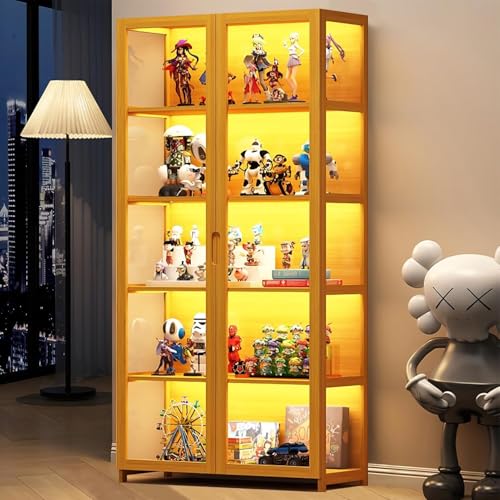 llekondkf Vitrine mit Glastüren, Sammlervitrine, 5-lagige Glasvitrine, 5-Layer Glass Display Cabinet, staubdicht für Wohnzimmer, Schlafzimmer, Büro, Schwarz (Braune Doppeltürversion) von llekondkf
