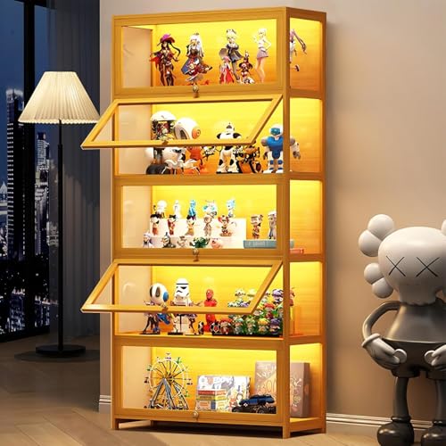llekondkf Vitrine mit Glastüren, Sammlervitrine, 5-lagige Glasvitrine, 5-Layer Glass Display Cabinet, staubdicht für Wohnzimmer, Schlafzimmer, Büro, Schwarz (Braune Klappversion) von llekondkf