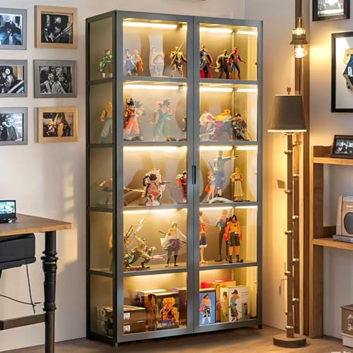 llekondkf Vitrine mit Glastüren, Sammlervitrine, 5-lagige Glasvitrine, 5-Layer Glass Display Cabinet, staubdicht für Wohnzimmer, Schlafzimmer, Büro, Schwarz (Graue Doppeltürversion) von llekondkf