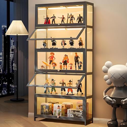 llekondkf Vitrine mit Glastüren, Sammlervitrine, 5-lagige Glasvitrine, 5-Layer Glass Display Cabinet, staubdicht für Wohnzimmer, Schlafzimmer, Büro, Schwarz (Graue Klappversion) von llekondkf