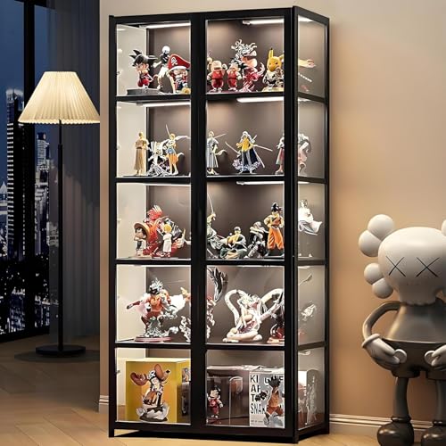 llekondkf Vitrine mit Glastüren, Sammlervitrine, 5-lagige Glasvitrine, 5-Layer Glass Display Cabinet, staubdicht für Wohnzimmer, Schlafzimmer, Büro, Schwarz (Schwarze Doppeltürversion) von llekondkf