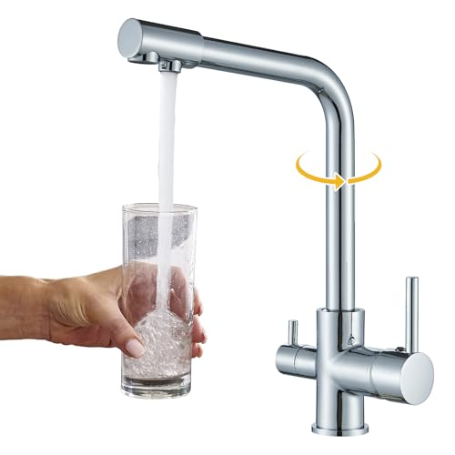 LLFFSSDG 3-Wege Wasserhahn Küche mit Trinkwasseranschluss & Hochdruck: Edelstahl Spültischarmatur, 360° Schwenkbarer Auslauf, 2 Hebel - In Chrom für Moderne Küchenarmatur von llffssdg