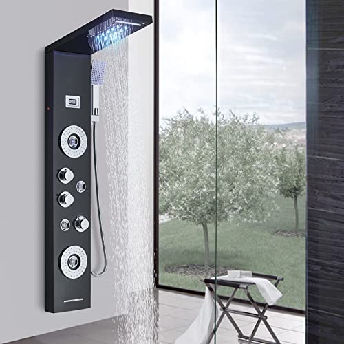 Duschpaneel Duschsäule Hydromassage mit Duschkopf LED Duschsystem Wasserauslass Multifunktion Edelstahl Schwarz von llffssdg