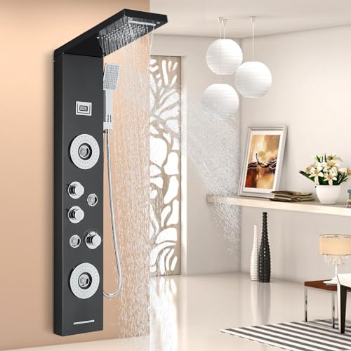 Duschpaneel für Badezimmer, Duschsäule mit Hydromassage, 5 Funktionen, Wandduschsystem aus gebürstetem Edelstahl mit LCD-Display, Schwarz von llffssdg