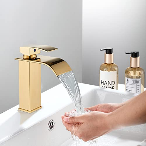 Wasserhahn Bad Gebürstetes Gold Mischbatterie Waschbecken Einhebel Wasserfall Wasserhahn aus Edelstahl Wschtischarmatur für Badezimmer llffssdg von llffssdg