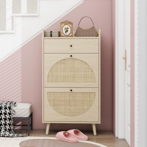 Schuhschrank mit zwei Türen und einer Schublade, Rattan-Optik, austauschbare halbrunde Türen, doppeltes Regal, Länge 60 cm geeignet für Flure und ähnliche Bereiche (Burly Wood + Particle Board) von lnuvoven