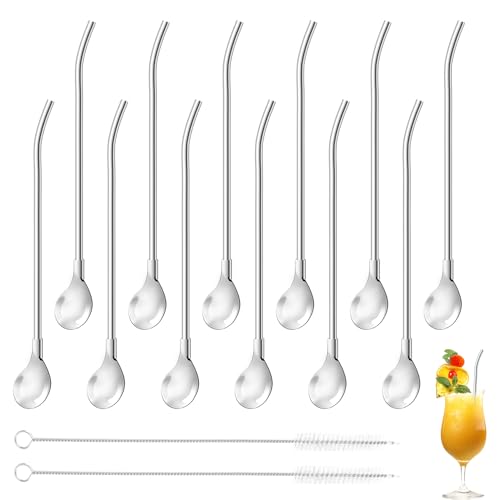 12 Stück Strohhalm Mit Löffel (2-in-1）–Wiederverwendbare Slush Strohhalme mit 2 Stück Reinigungsbürste für Smoothies,Milchshakes,Cocktails & Kaffee–Langlebige Strohhalmlöffel aus Metall von loacuony