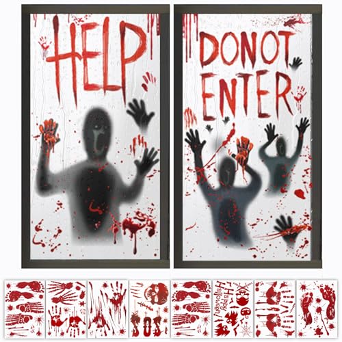 8 Stück Halloween Fensteraufkleber, 2 Stück extra große Halloween Türdeko (155 x 77 cm) – Gruseliger blutiger Handabdruck | Wiederverwendbare Fensteraufkleber für Innen- und Außendekoration von loacuony
