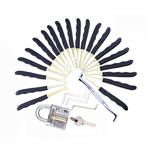 loboo Höhe Qualität Edelstahl 24 Goso Dietrich Lock Picks Einbruch Locksmith Fast Lock Opener mit Leder Tasche + Transparent Vorhängeschloss Praxis Lock von loboo