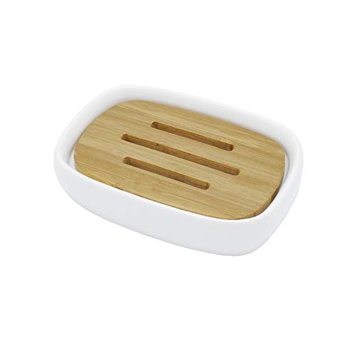 lofekea Keramik-Seifenschale Bambus Seifenhalter für Bad und Dusche, doppellagiges Abtropfgestell von lofekea