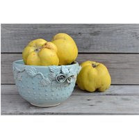 Blaue Steinzeug Schale Mit Rose E Und Blätter Rosa Punkte - Made To Order Handgemachte Keramik Blaue Steinzeug Schale Mit Rose E Und Blätter Rosa Punkte - Made To Order Handgemachte Keramik von lofficina