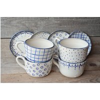 steinzeug Teetassen Mit Untertassen - Made To Order 4Er Set Rustikale Sahne Blauer Dekoration Handgemachte Keramik steinzeug Teetassen Mit Untertassen - Made To Order 4Er Set Rustikale Sahne Blauer Dekoration Handgemachte Keramik von lofficina