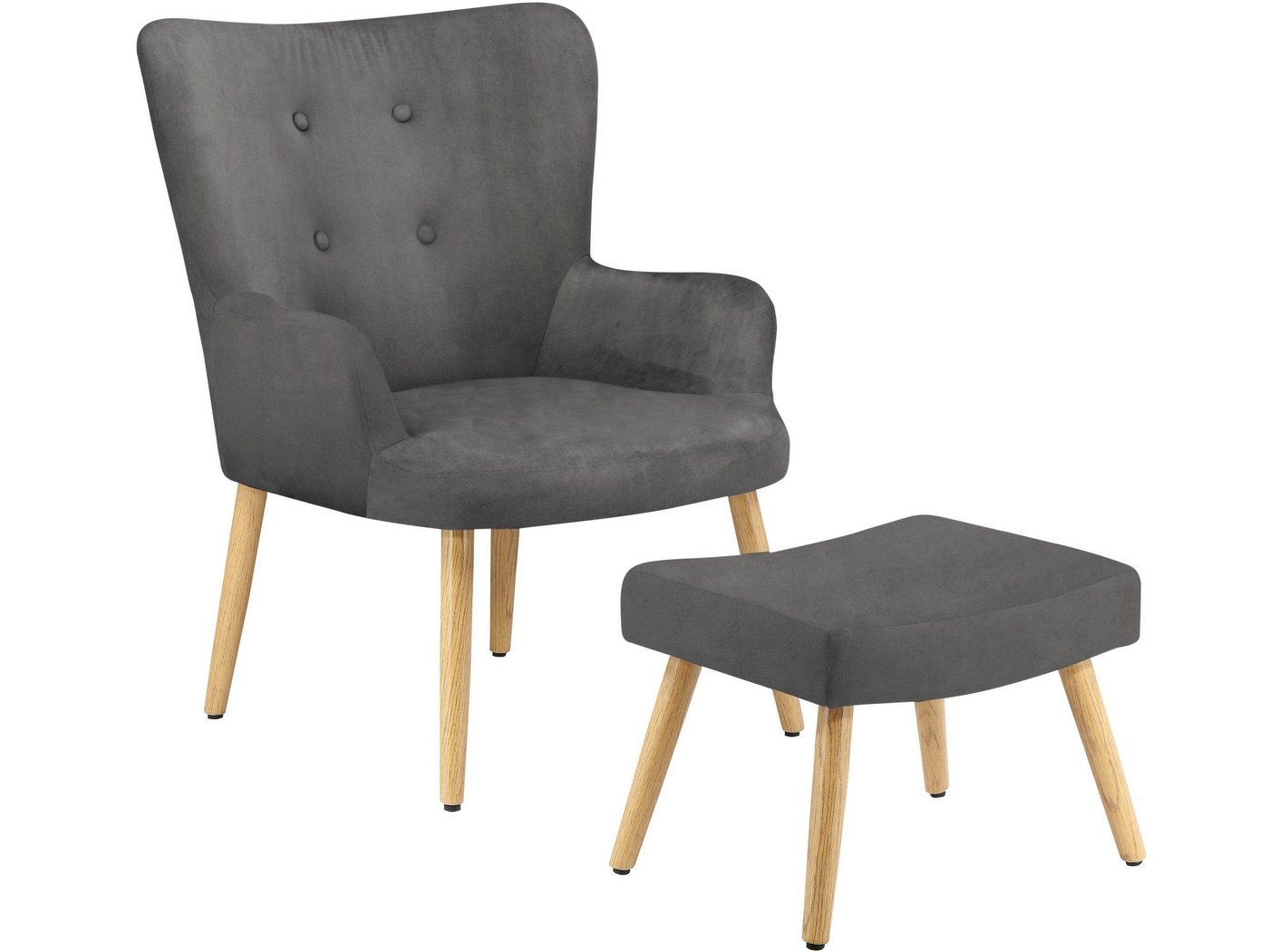 loft24 Sessel Cora (2-tlg. Set, Sessel mit Hocker), mit Knopfheftung, Relaxsessel mit Fußhocker, Samtbezug, Holzbeine von loft24