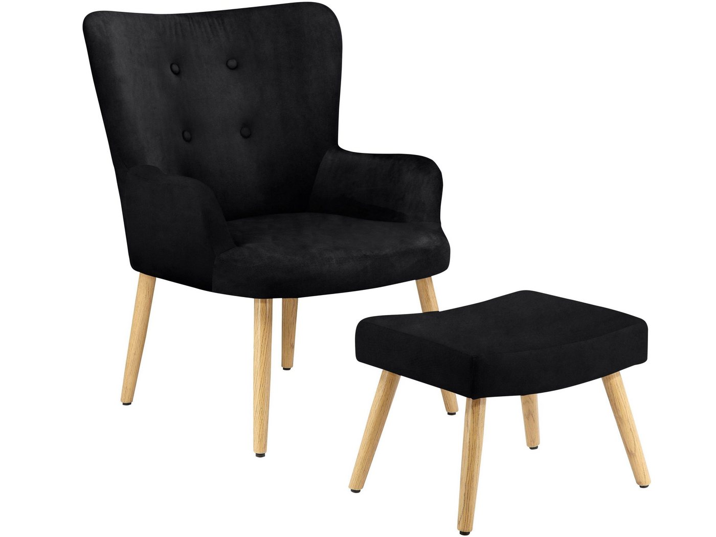 loft24 Sessel Cora (2-tlg. Set, Sessel mit Hocker), mit Knopfheftung, Relaxsessel mit Fußhocker, Samtbezug, Holzbeine von loft24