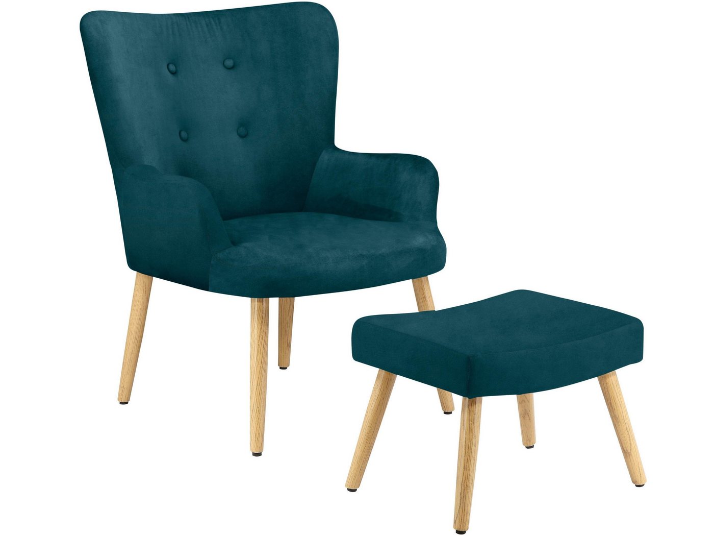 loft24 Sessel Cora (2-tlg. Set, Sessel mit Hocker), mit Knopfheftung, Relaxsessel mit Fußhocker, Samtbezug, Holzbeine von loft24
