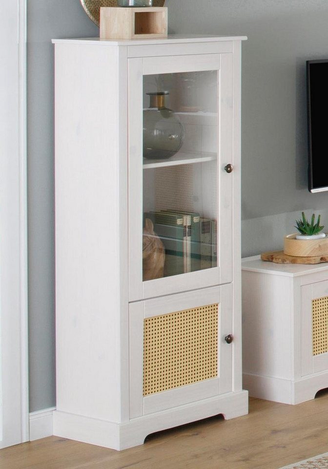 loft24 Vitrine Leni Standvitrine, Schrank mit Glastür, Kiefer Massivholz mit Weidenfront von loft24