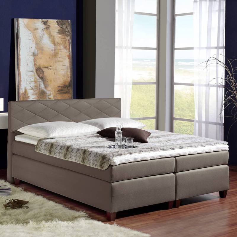 home24 Boxspringbett Harmony 140 x 200cm Gestell: Massivholz Bezug: Strukturstoff Grau/Schlamm H3 Kaltschaumtopper Kaltschaummatratze von home24