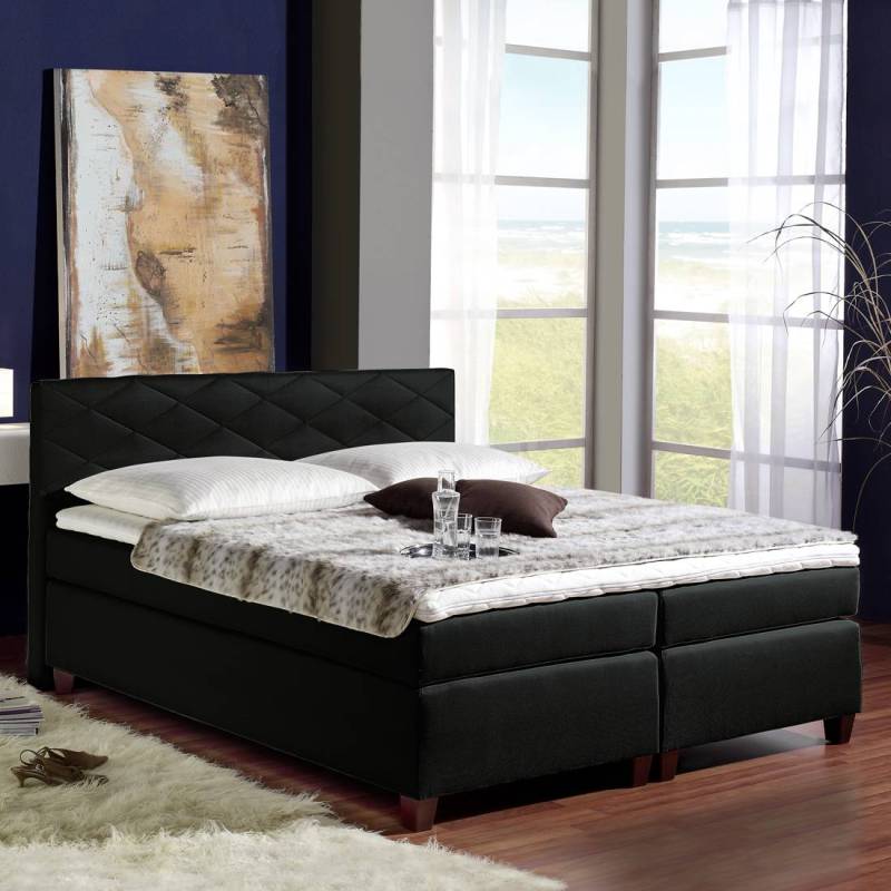 home24 Boxspringbett Harmony 140 x 200cm Gestell: Massivholz Bezug: Strukturstoff Schwarz/Schwarz H2 Kaltschaumtopper Tonnentaschenfederkernmatratze von home24