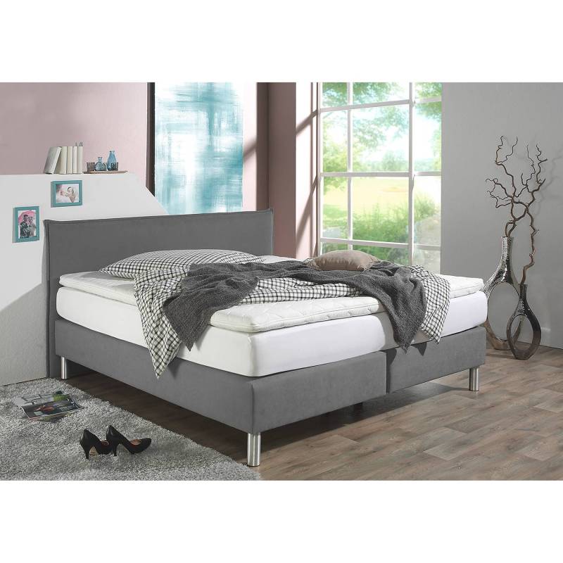 home24 Boxspringbett Hedensted 180 x 200cm Webstoff Grau/Grau H2 Kaltschaummatratze von home24