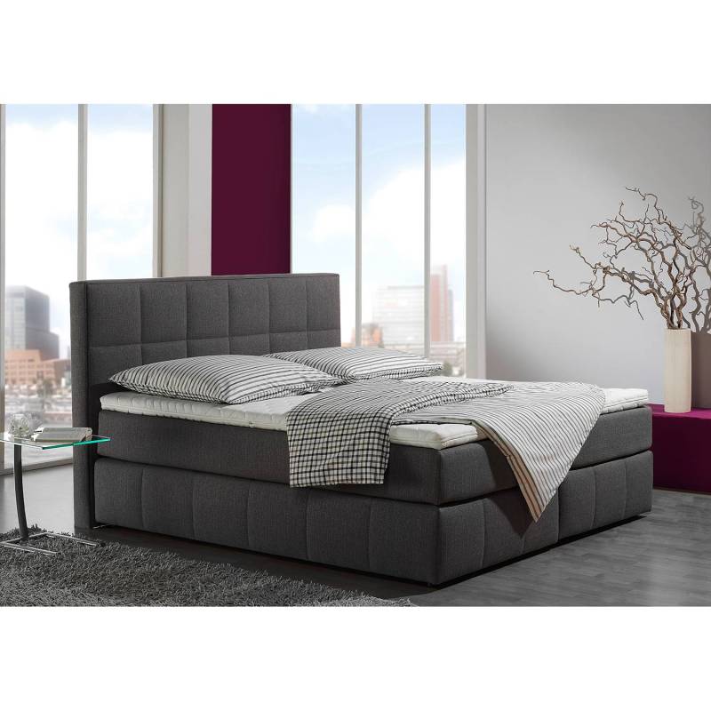 home24 Boxspringbett Lifford 180 x 200cm Bezug: Strukturstoff Gestell: Massivholz Grau/Anthrazit H3 Kaltschaummatratze von home24