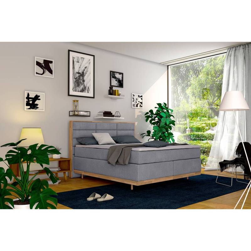 home24 Boxspringbett Linea 200 x 200cm Flachgewebe Silber/Hellgrau H3 Buche von home24