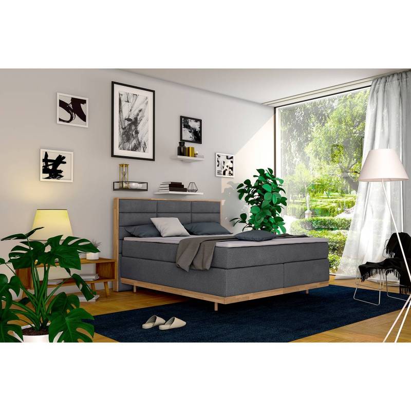 home24 Boxspringbett Linea 200 x 200cm Flachgewebe Grau/Kohle Doppelmatratze H2/H3 Buche von home24