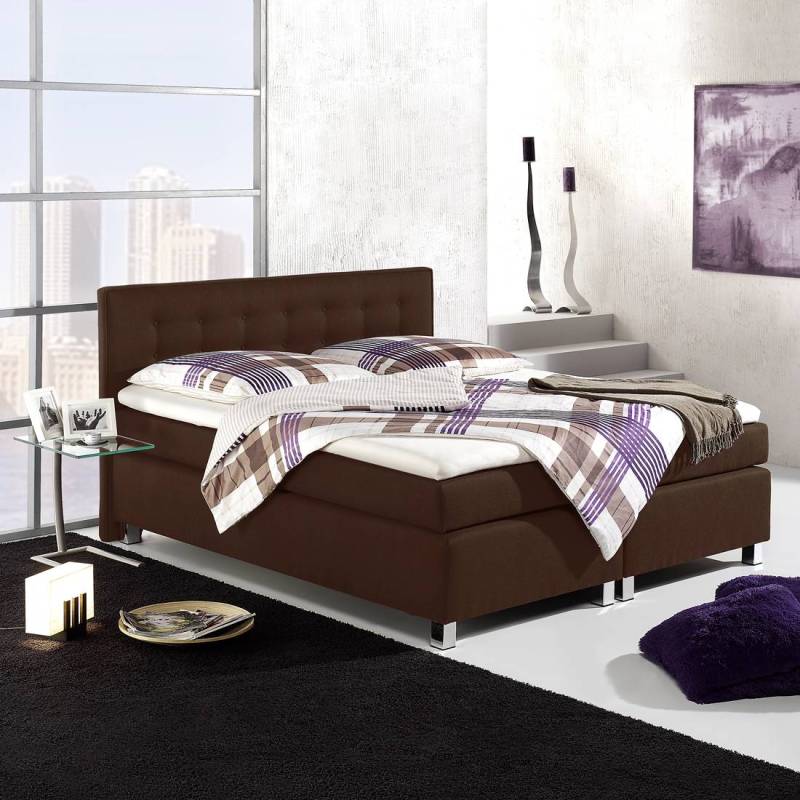 home24 Boxspringbett Melody 140 x 200cm Gestell: Massivholz Bezug: Strukturstoff Braun/Braun H3 Kaltschaumtopper Kaltschaummatratze von home24