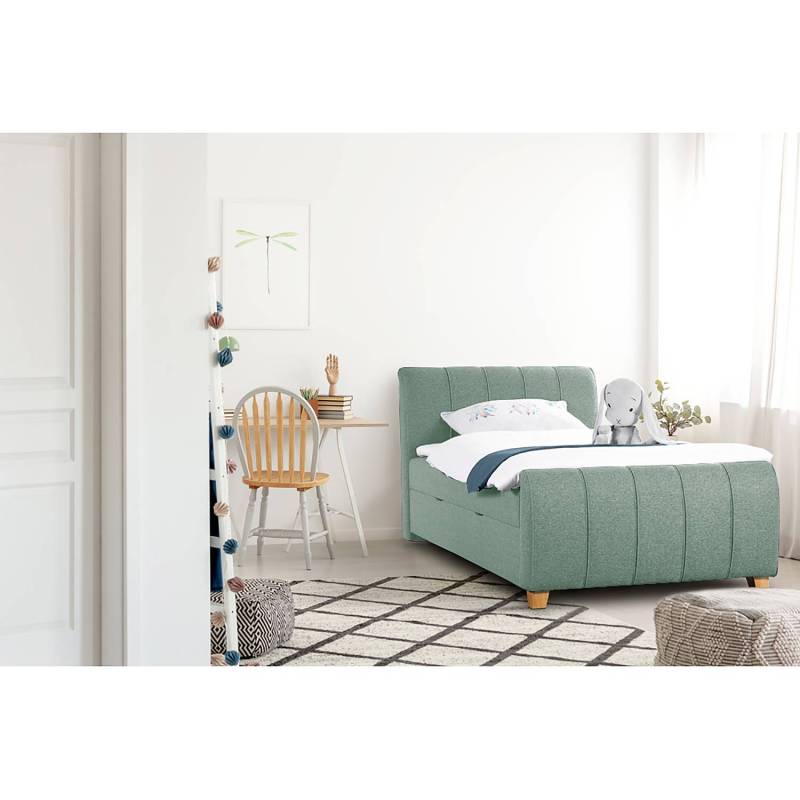 home24 Boxbett Noble County mit Stauraum 120 x 200cm Strukturstoff/Webstoff Blau/Mint Eiche von home24