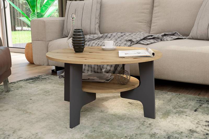 home24 Couchtisch Torrobla Rund Ø 80cm Braun/Eiche Artisan Dekor/Anthrazit von home24