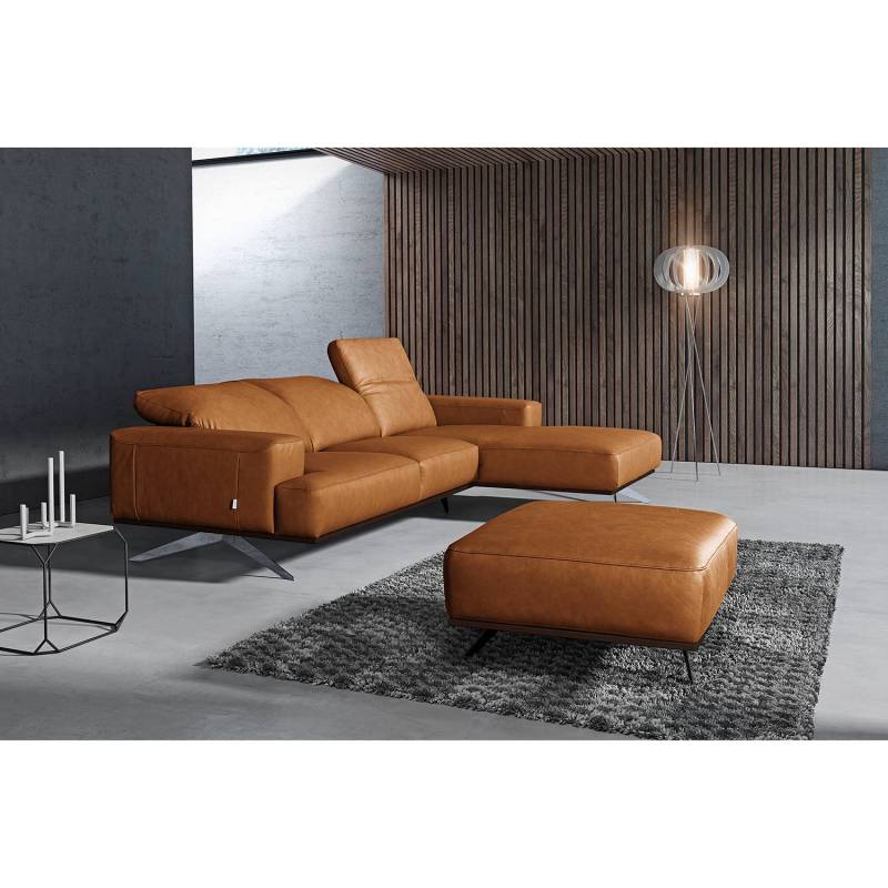 home24 Ecksofa Iglesia Braun/Cognac Echtleder Nadra Ø 109cm Longchair davorstehend rechts Gestell:Buche Dunkel Silber Modern von home24