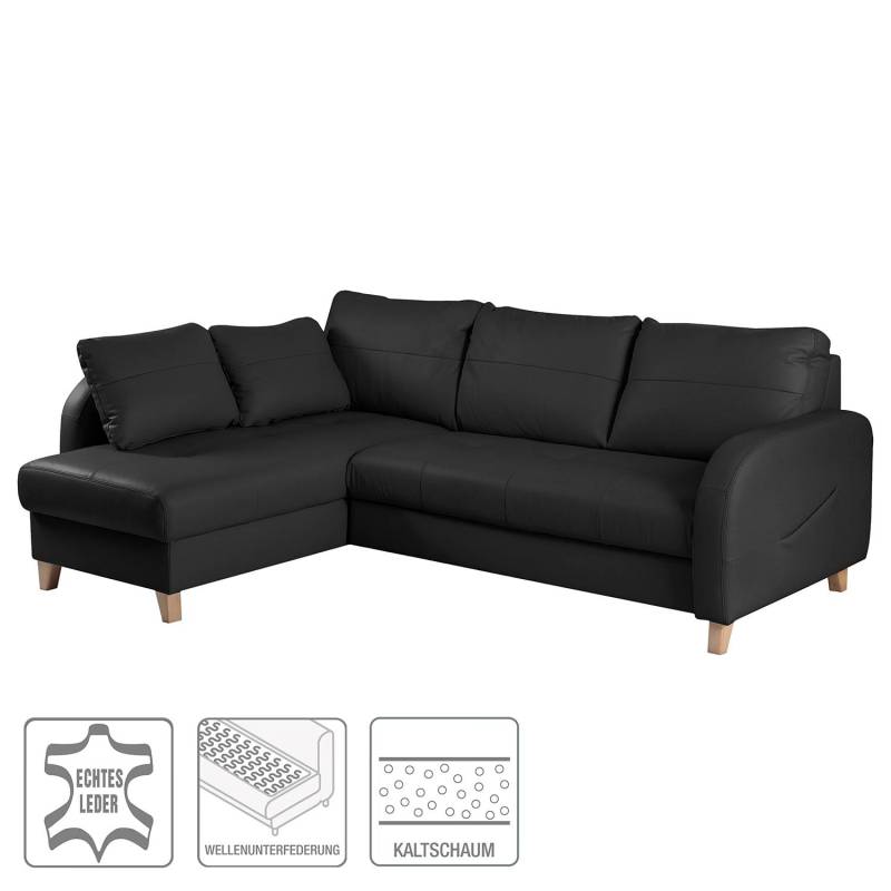 home24 Ecksofa Monserrat Schwarz/Schwarz Korpus: Kunstleder Sitzfläche: Echtleder 227 x 82 x 170cm Longchair davorstehend links Keine Funktion Modern von home24
