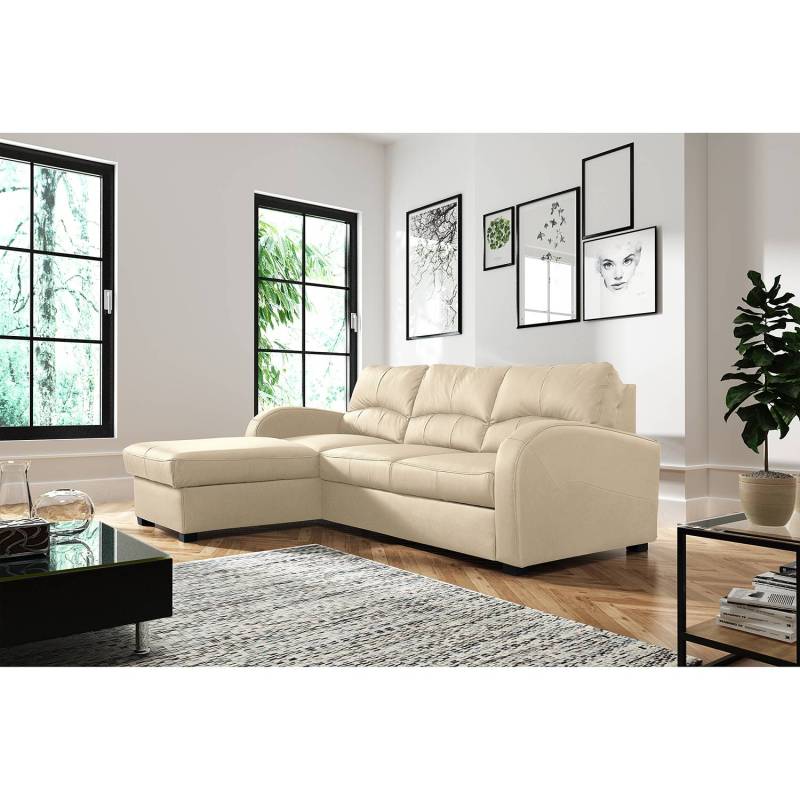home24 Ecksofa Nilsia Beige/Beige Kunstleder Solis 227 x 87 x 168cm Longchair davorstehend links mit Schlaffunktion Modern von home24
