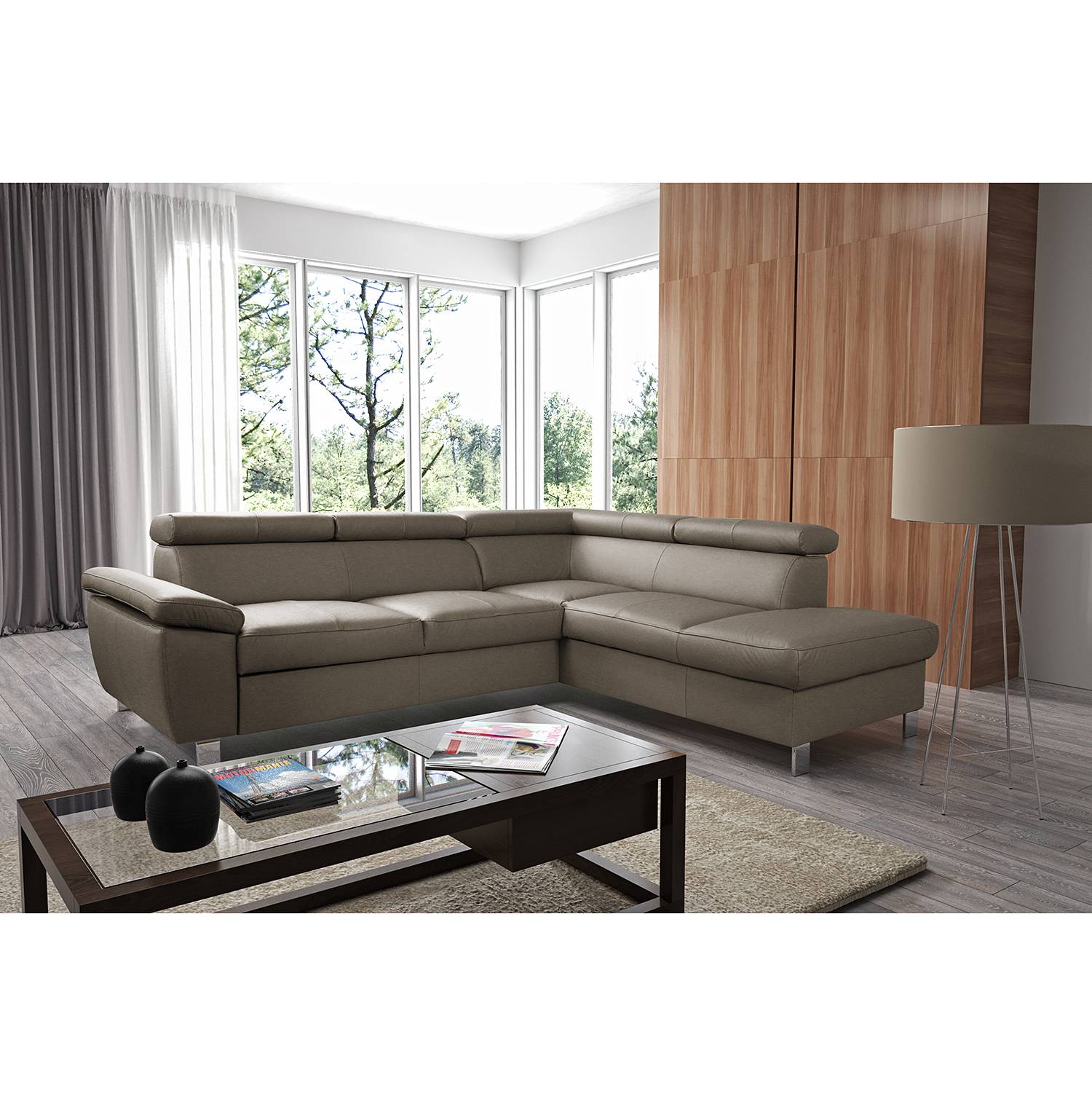 home24 Ecksofa Waal I Grau/Taupe Sitz & Rücken: Echtleder Korpus: Kunstleder Füße: Metall verchromt 252 x 76 x 208cm Ottomane davorstehend rechts ohne home24 Ecksofa Waal I Grau/Taupe Sitz & Rücken: Echtleder Korpus: Kunstleder Füße: Metall verchromt 252 x 76 x 208cm Ottomane davorstehend rechts ohne von home24