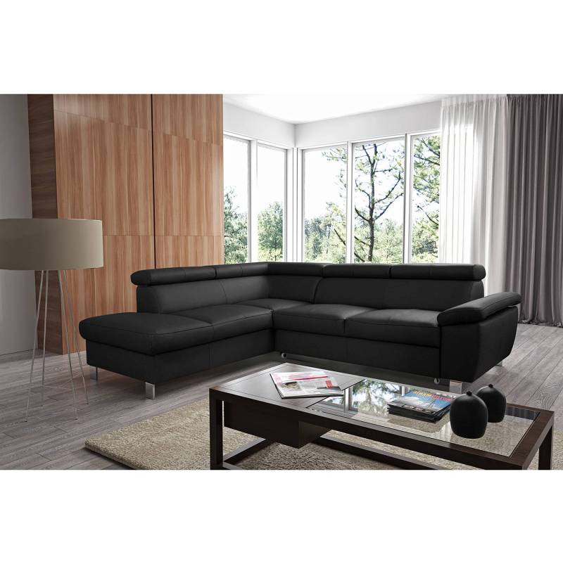 home24 Ecksofa Waal I Schwarz/Schwarz Sitz & Rücken: Echtleder Korpus: Kunstleder Füße: Metall verchromt 252 x 76 x 208cm Ottomane davorstehend links von home24