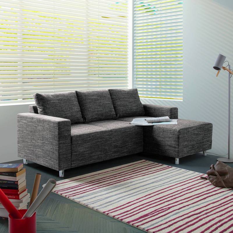 home24 Ecksofa Schwarz/Schwarz Strukturstoff Lawan 200 x 72 x 144cm Longchair davorstehend rechts Modern von home24