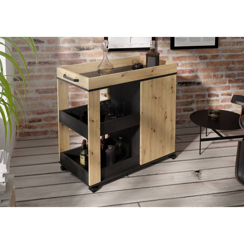 home24 Servierwagen Stoneyford I 77 x 88 x 42cm Schwarz/Braun/Eiche Artisan Dekor von home24