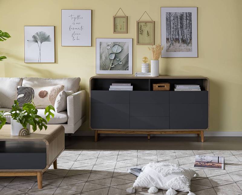 home24 Sideboard Skiby 150 x 83 x 40cm Braun/Grau/Grau/Eiche Sonoma Dekor von home24