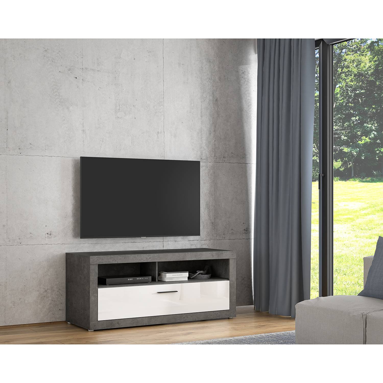 home24 TV-Lowboard I Spanplatte, beschichtet Grau/Weiß 138 x 59 x 52cm home24 TV-Lowboard I Spanplatte, beschichtet Grau/Weiß 138 x 59 x 52cm von home24