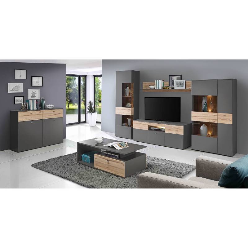 home24 Vitrine 90 x 168 x 41cm Glastür links Grau/Beige von home24