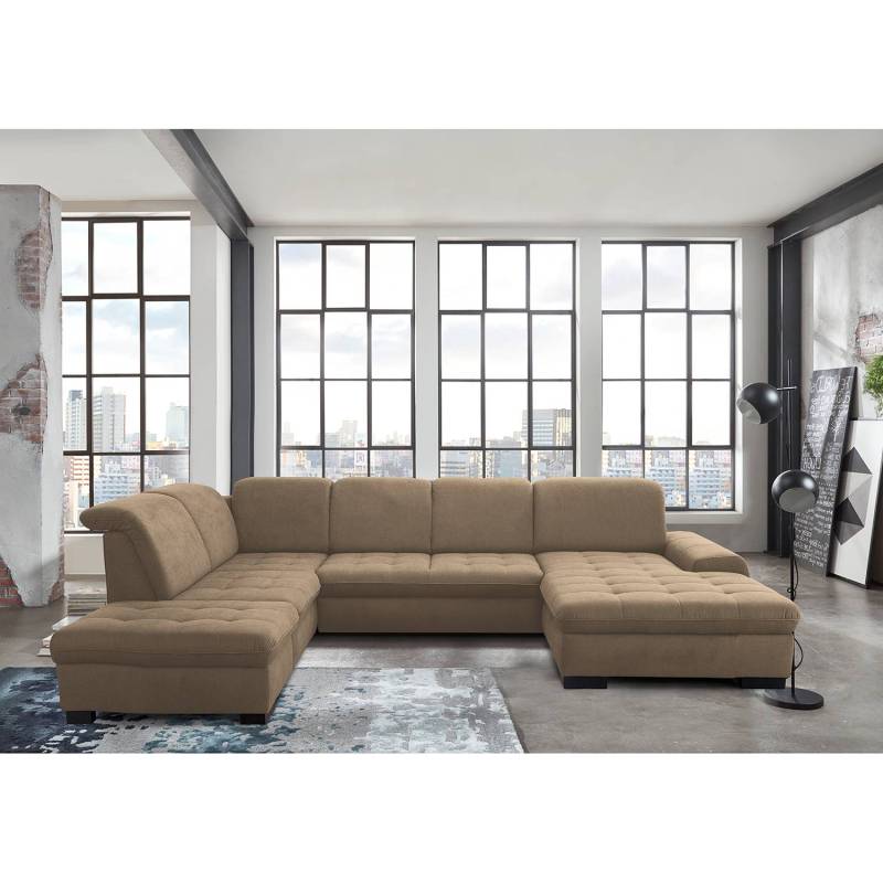 home24 Wohnlandschaft Boussay Braun Flachgewebe Olea 329 x 82 x 224cm Longchair davorstehend rechts / Ottomane links mit Schlaffunktion Modern von home24